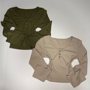 Dazy Henley Long Sleeve Crop Tops Women’s Small Neutral Beige & Olive